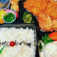 (B)Pork Loin Katsu & Japanese Fried Chicken · Karaage. Pork loin katsu & Japanese fried chicken - karaage, seasonal side dishes, potat...