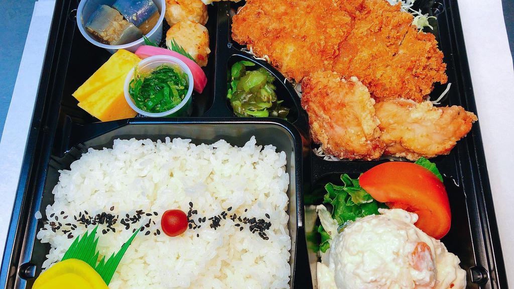(B)Pork Loin Katsu & Japanese Fried Chicken · Karaage. Pork loin katsu & Japanese fried chicken - karaage, seasonal side dishes, potato salad and rice & pickles.