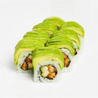 Caterpillar Roll · Eel and cucumber with sushi rice wrapped in nori and topped with avocado and eel sauce.
