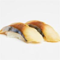 Saba Nigiri · Two pieces of mackerel over pressed sushi rice.