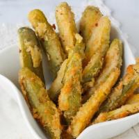Fried Pickles · tempura battered pickles spears.