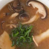 Mushroom Miso Soup · miso broth infused with mushroom, topped with tofu, seaweed, and shiitake mushrooms.