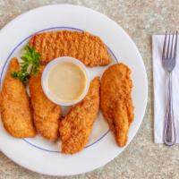 Fried Chicken Fingers · Five pieces. With honey mustard dipping sauce.