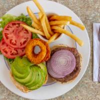 Chavo Burger · With avocado and red onion. Served with coleslaw and pickles.