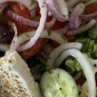 Greek Salad · Romaine lettuce, tomatoes, cucumbers, red onions, kalamata olives and Greek feta cheese.
ser...