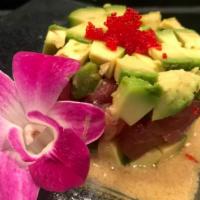 Poke Tuna · Raw. Diced tuna sashimi and avocado with edamame puree.