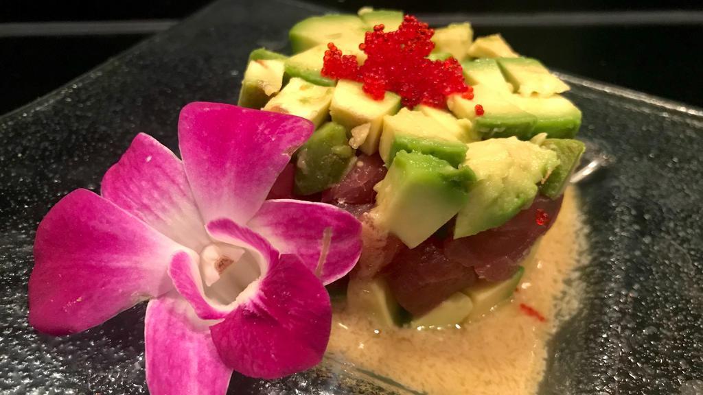 Poke Tuna · Raw. Diced tuna sashimi and avocado with edamame puree.