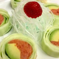 Spicy Tuna Wrap Roll · Raw. No rice, spicy tuna crunch and avocado wrapped in cucumber.