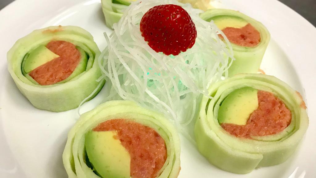 Spicy Tuna Wrap Roll · Raw. No rice, spicy tuna crunch and avocado wrapped in cucumber.
