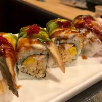 Carpe Diem Roll · King crab, shrimp tempura and mango topped with eel, avocado and red tobiko.