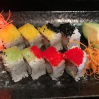 Roe Roe Roe Your Boat Roll · Raw. Salmon, mango and kani topped with 4 colors of flying fish roe, avocado and masago.