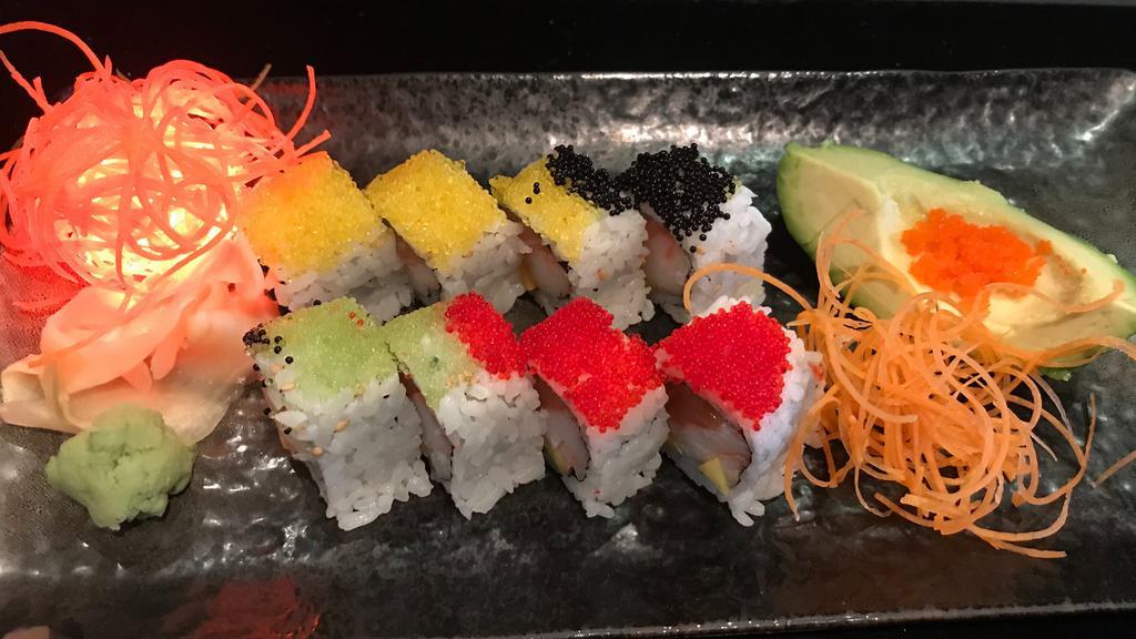 Roe Roe Roe Your Boat Roll · Raw. Salmon, mango and kani topped with 4 colors of flying fish roe, avocado and masago.
