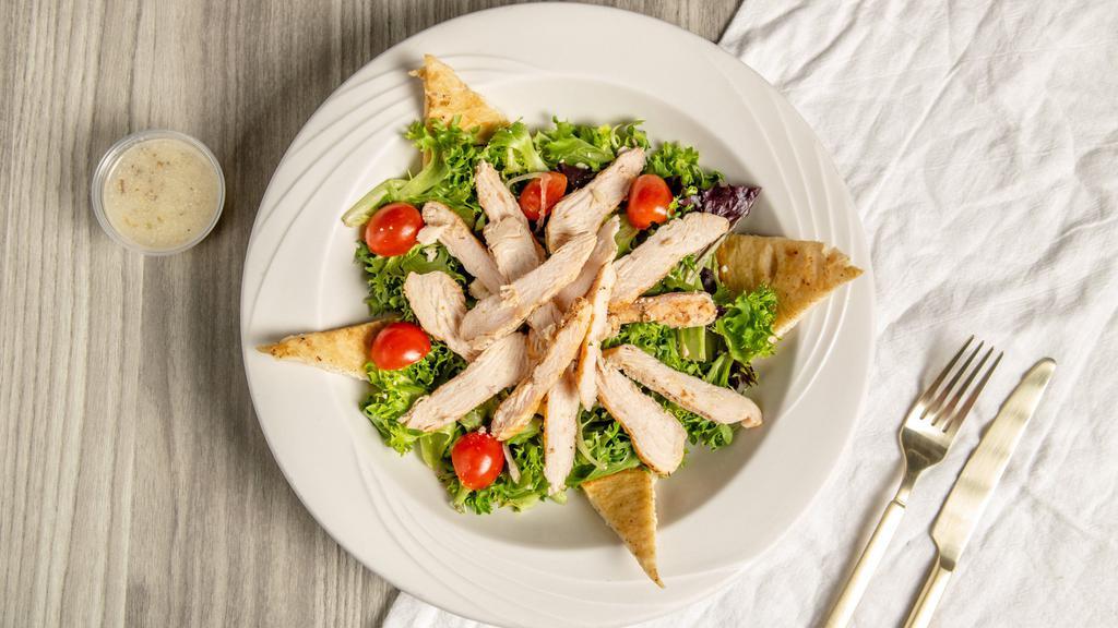 Garden Chicken Salad · Marinated grilled chicken breast, mixed greens, tomatoes, and onions.