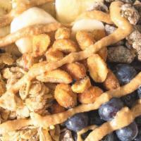 Pb + B · Blend of açai, banana, blueberry, peanut butter, almond milk topped with banana, blueberry, ...