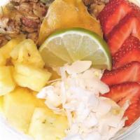 Mango Tango · Blend of mango, pineapple, lime, coconut water, agave topped with pineapple, strawberry, coc...