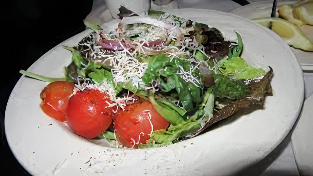 House Salad · Mixed greens, black olives, green olives, roasted peppers, and tomatoes.
