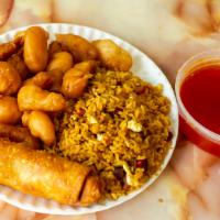 . Sweet & Sour Platter · Served with roast pork fried rice, egg roll and choice of side.