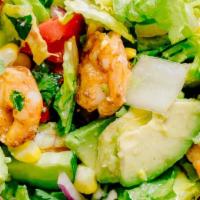 Shrimp Avocado Salad · Extra large Jerked shrimp w/avocado chucks on a bed of romaine lettuce, tomatoes, and choppe...