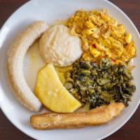 Jamaican Breakfast · Ackee & salt fish, callaloo, green bananas, fried plantains, and fried bammy.