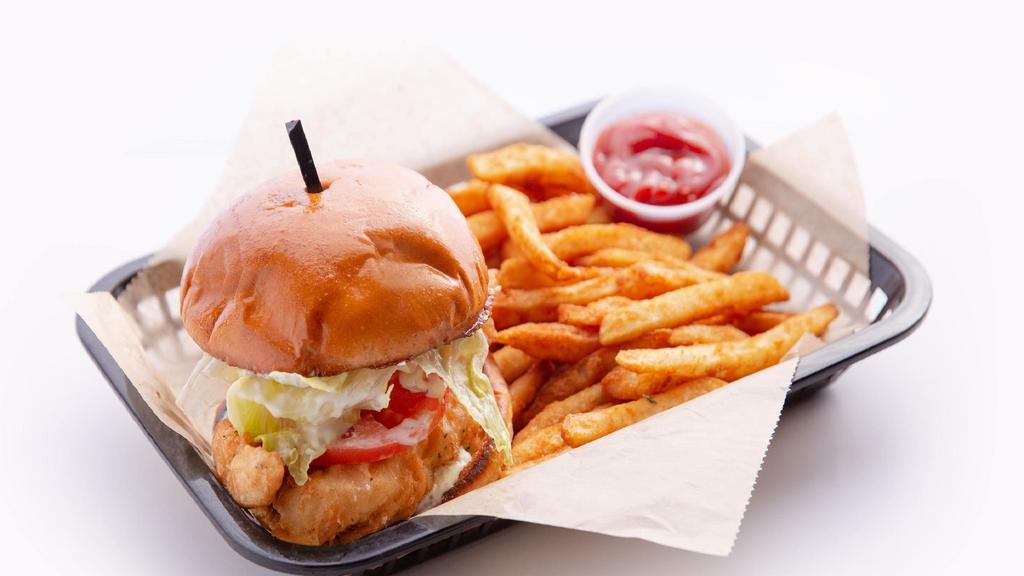 Fried Catfish Sandwich · Fresh catfish is moist, sweet with a firm flesh and less flake,
hand-battered and fried to perfection. Served with lettuce, tomato, and tartar sauce.