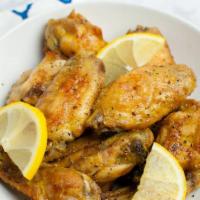 Lemon Pepper Wings · 8 lemon pepper wings (mild heat), served with carrots & celery and a choice of blue cheese, ...