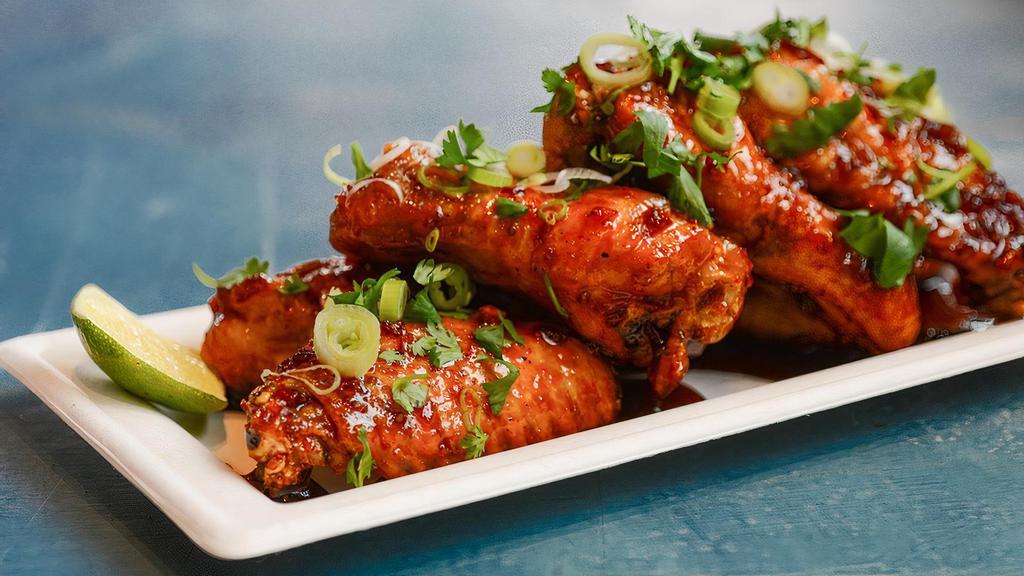 Korean Bbq Wings · 8 Korean BBQ wings (mild heat), served with carrots & celery and a choice of blue cheese, classic ranch, or Sriracha ranch for dipping.