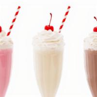 Milkshake · Cookies & Cream, Vanilla, Chocolate, and Strawberry (419-875 Cal).