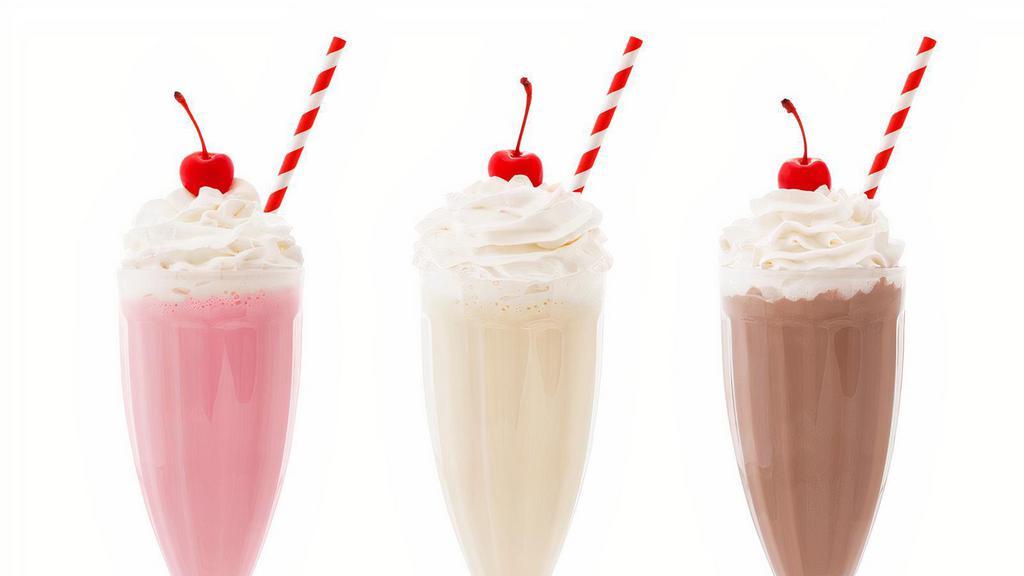 Milkshake · Cookies & Cream, Vanilla, Chocolate, and Strawberry (419-875 Cal).