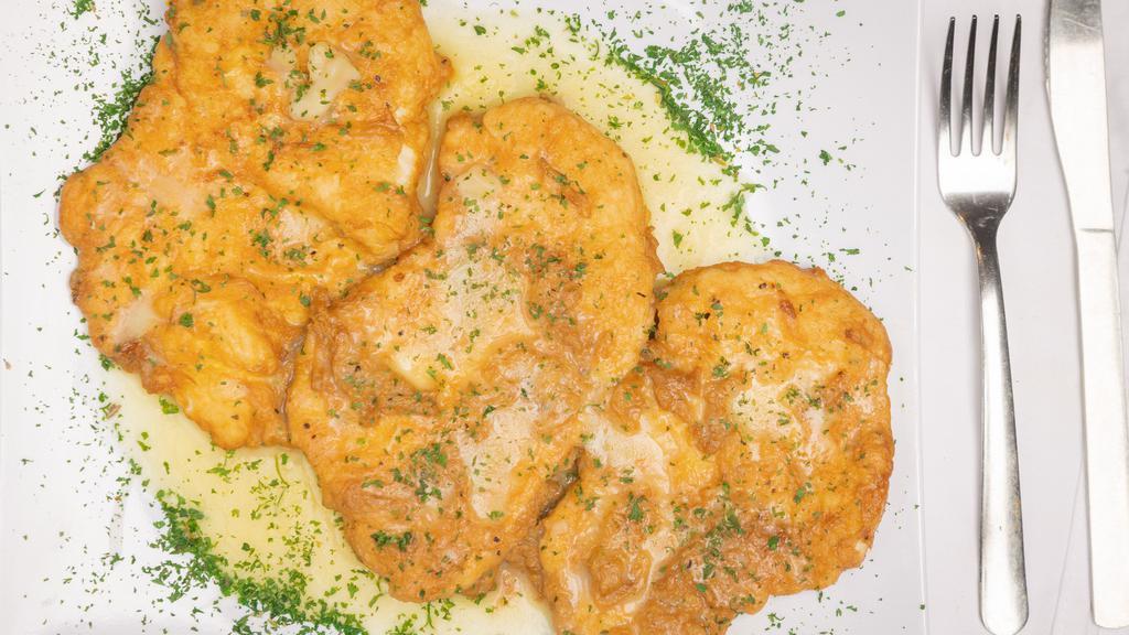 Chicken Francese · Egg battered chicken breast sauteed in a lemon, butter and white wine sauce. Served with bread, salad and pasta.