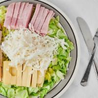 Sloppy Joe Salad · Ham, Turkey and swiss. Served on a bed of lettuce, with coleslaw and Russian dressing.