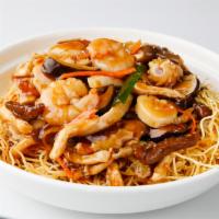 Pan Fried Noodle With Pork, Shrimp & Fish · 