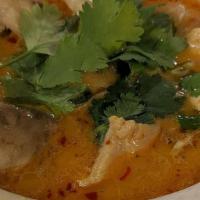 Tom Kha Gai · Chicken soup with coconut milk and galanger flavored broth.