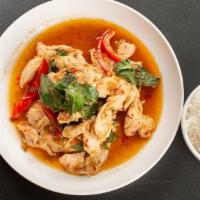 Gai Gra-Pow · Spicy. Sliced chicken breast sauteed with fresh basil and thai chilies. Served with white ri...