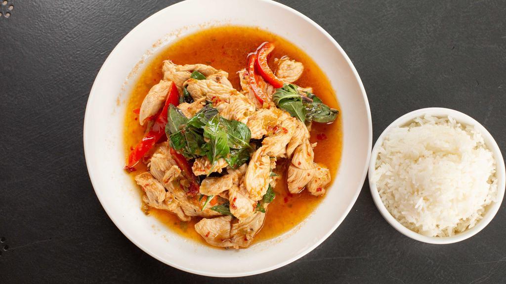 Gai Gra-Pow · Spicy. Sliced chicken breast sauteed with fresh basil and thai chilies. Served with white rice.