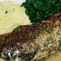 Angus Ny Strip · 14oz NY Strip Cooked to Your Desired Temperature Served w/a Peppercorn Brandy Sauce, Served ...