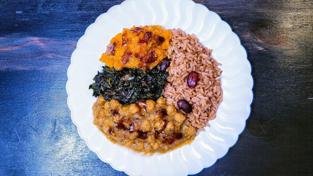 Veggie Rice & Beans · Spinach, chickpeas and butternut squash served on seasoned rice, cooked with kidney beans.