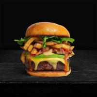 Feast Fries Burger · American beef patty topped with fries, avocado, caramelized onions, ketchup, lettuce, tomato...