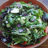 Tio Salad · Spring mix lettuce, grape tomatoes, avocado, red onion, cilantro, pepita seeds, and queso fr...