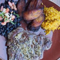  Churrasco Skirt Steak · Marinated skirt steak grilled and topped with chimichurri sauce served with rice, beans, and...
