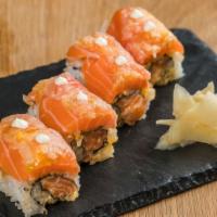 Salmon Tomato Roll · Salmon topped with deep fried tomato and sautéed mayo.