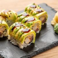 Firecracker Roll · Spicy tuna and shrimp tempura topped with avocado and eel sauce.