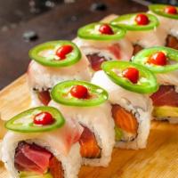 Dynamite Roll · Tuna, salmon and avocado topped with yellow tail and jalapeño.