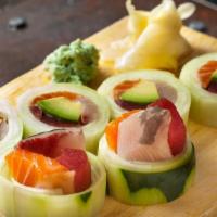 Naruto Roll · Tuna, salmon, yellow tail, and avocado wrapped in cucumber.