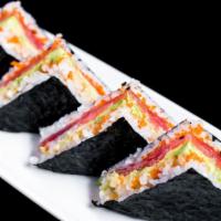 Salmon Sushi Sandwich · Salmon, spicy mayo and avocado inside with triangle-shaped rice topped with seaweed outside.