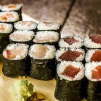 Box A · 1 tuna roll, one salmon roll and one yellowtail roll. Customers choice of regular or spicy.
