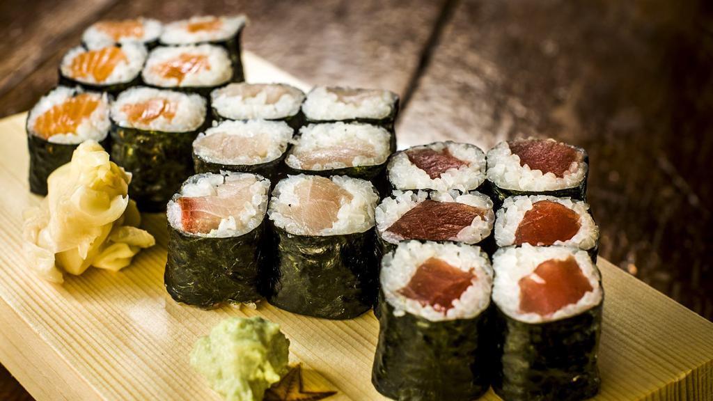 Box A · 1 tuna roll, one salmon roll and one yellowtail roll. Customers choice of regular or spicy.