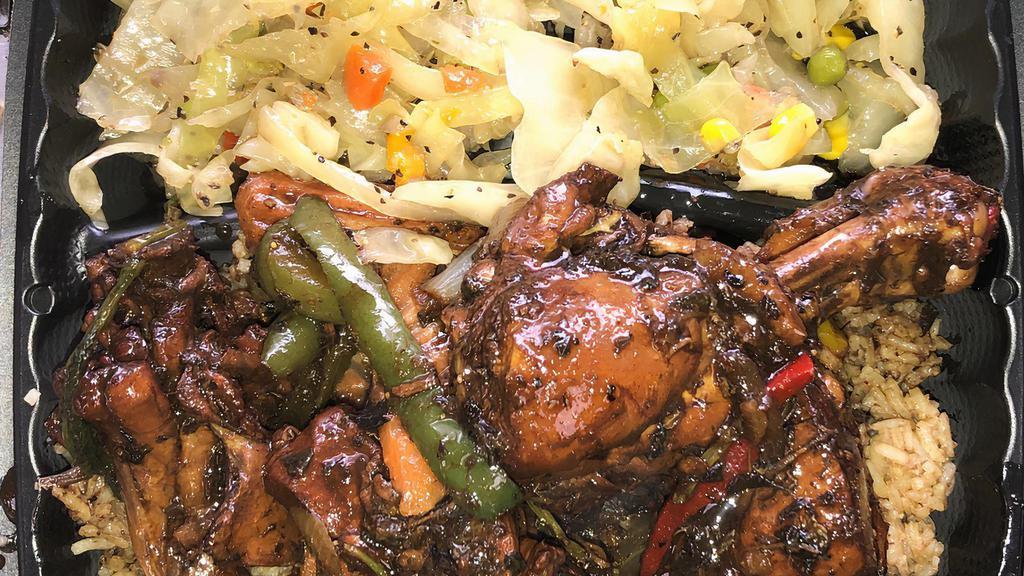 Brown Stew Chicken · brown stew chicken serve with coconut  rice & peas and Steam Cabbage