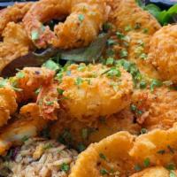 Fish & Shrimp Combo Meal · wild caught flounder Fish & Shrimp Comboserved over  mac & cheese or Rasta Pasta or Rice & P...