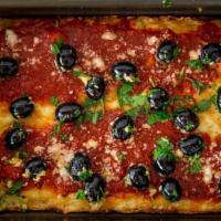 Small Black Olive Detroit Pie · Black Olive Small Detroit Pizza with whole pitted black olives, tossed in garlic, oil, seaso...
