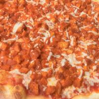 Buffalo Chicken Pizza · 18 inch cheese pizza topped with breaded chopped chicken and buffalo wing sauce